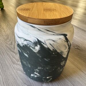 World Market Abstract Marble-Effect Ceramic Canister Jar with Bamboo Lid new